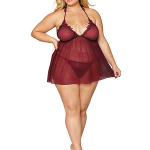 Novelty stretch mesh and delicate venise embroidery babydoll and matching G-string set