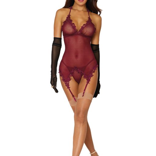 Novelty stretch mesh and delicate venise embroidery garter slip and G-string set