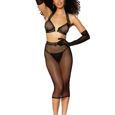 Stretch fishnet bra and slip skirt set