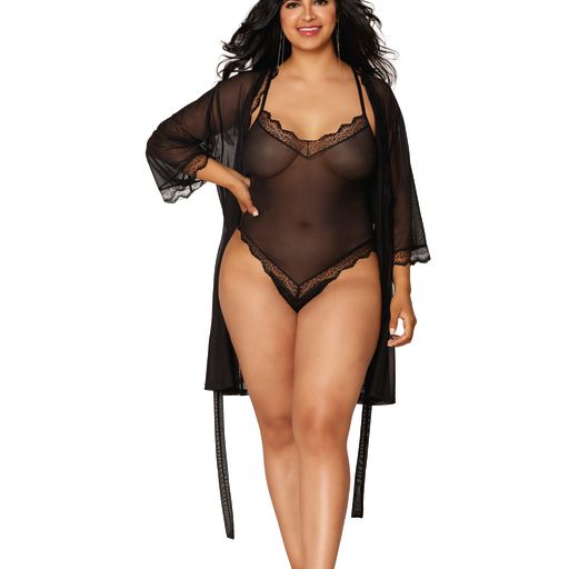 Stretch mesh teddy and robe set