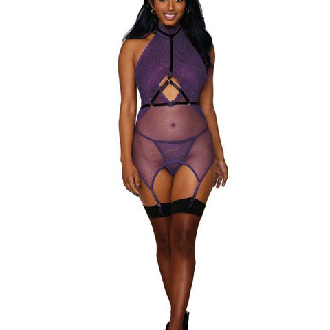 Lace and fishnet garter slip, elastic harness and matching G-string set