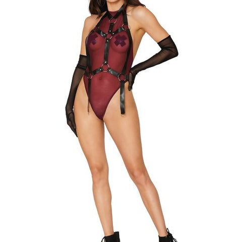Soft stretch mesh teddy and faux-leather harness set