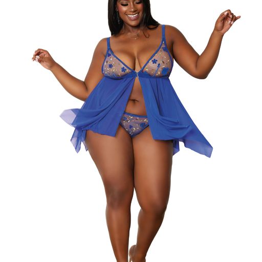3D embroidery mesh babydoll and G-string set