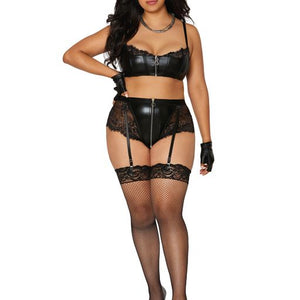 Stretch faux-leather and eyelash lace bra and garter panty set